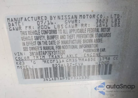 2016 Nissan Sentra Sv z USA, uszkodzony, nr VIN 3N1AB7AP7GY311530